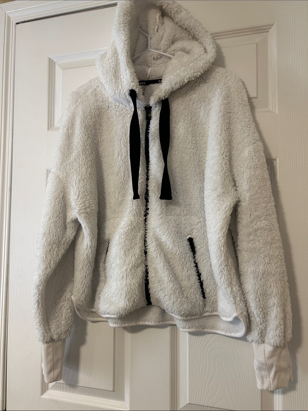 Calvin Klein White Sherpa Zip Hoodie with Black Trim